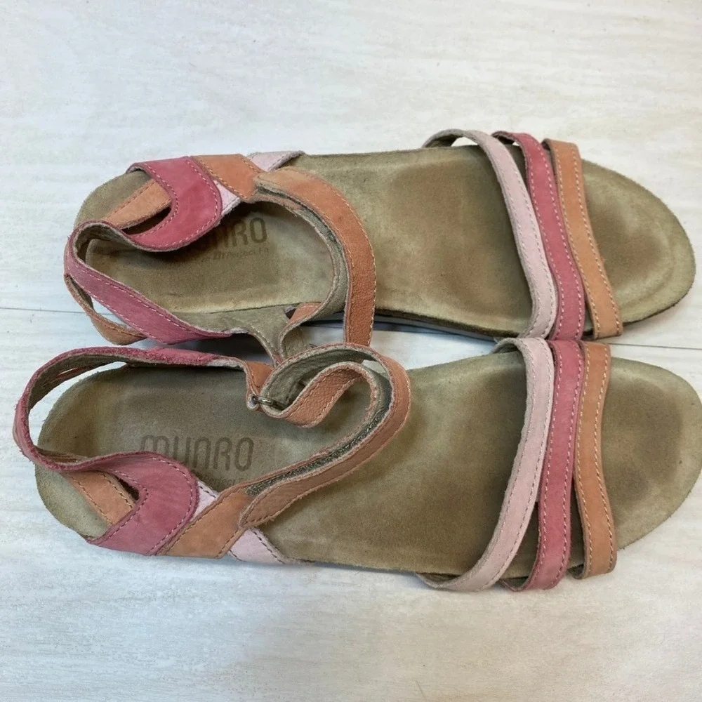 Munro Womens 9S Summer Wedge Sandals Strappy Pink Orange Leather Comfort Walking